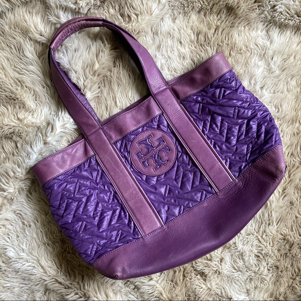 Tory Burch purple quilted nylon leather tote bag